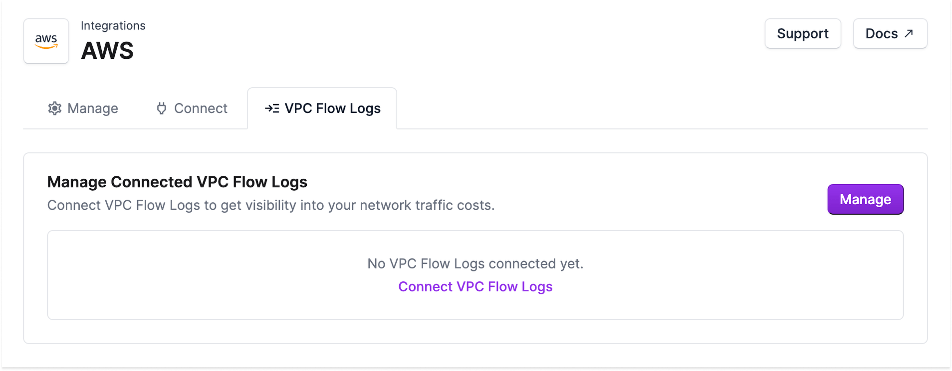 The AWS Integration screen with an option to onboard your VPC Flow Logs
