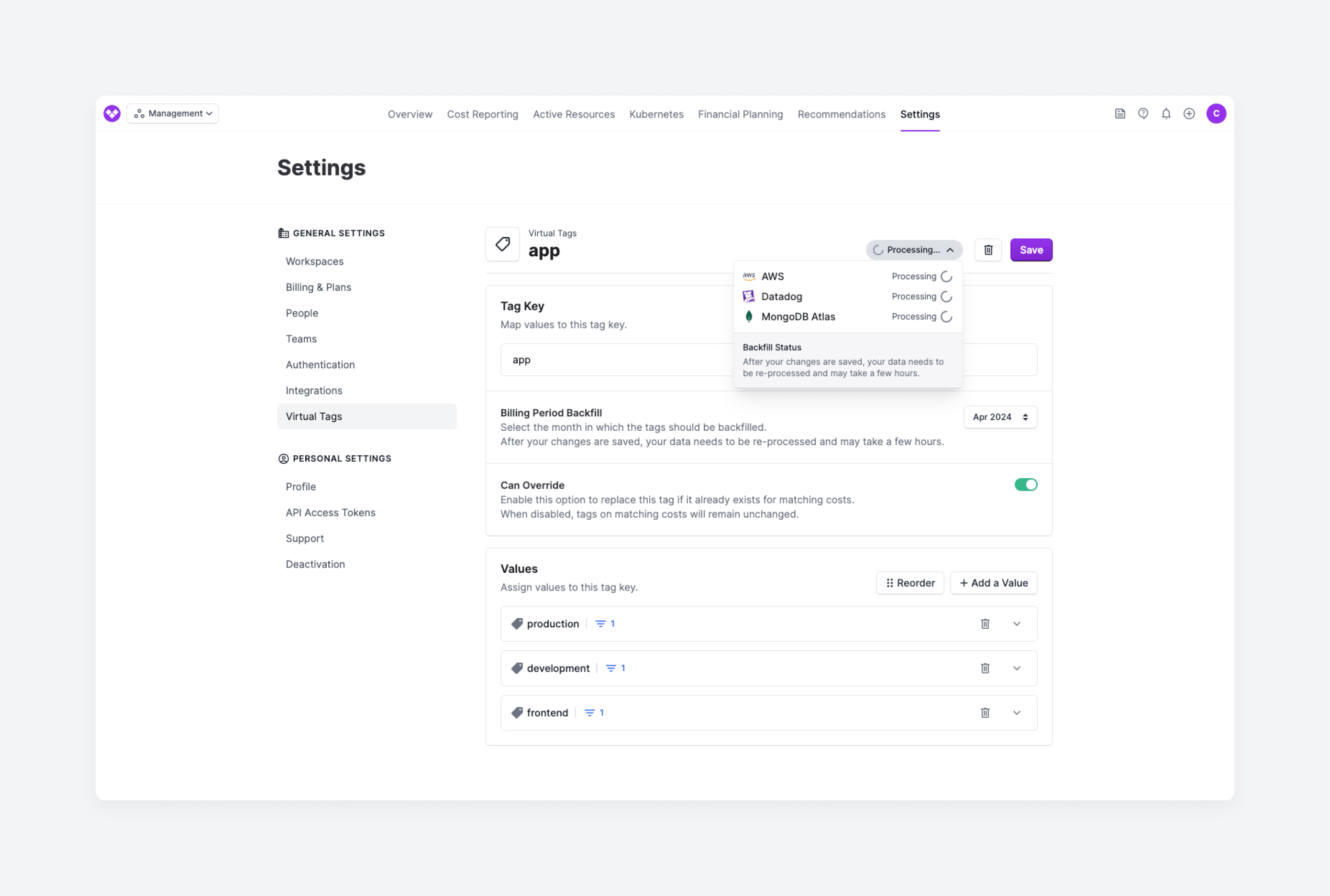 Virtual Tagging screen in the console with sample values input