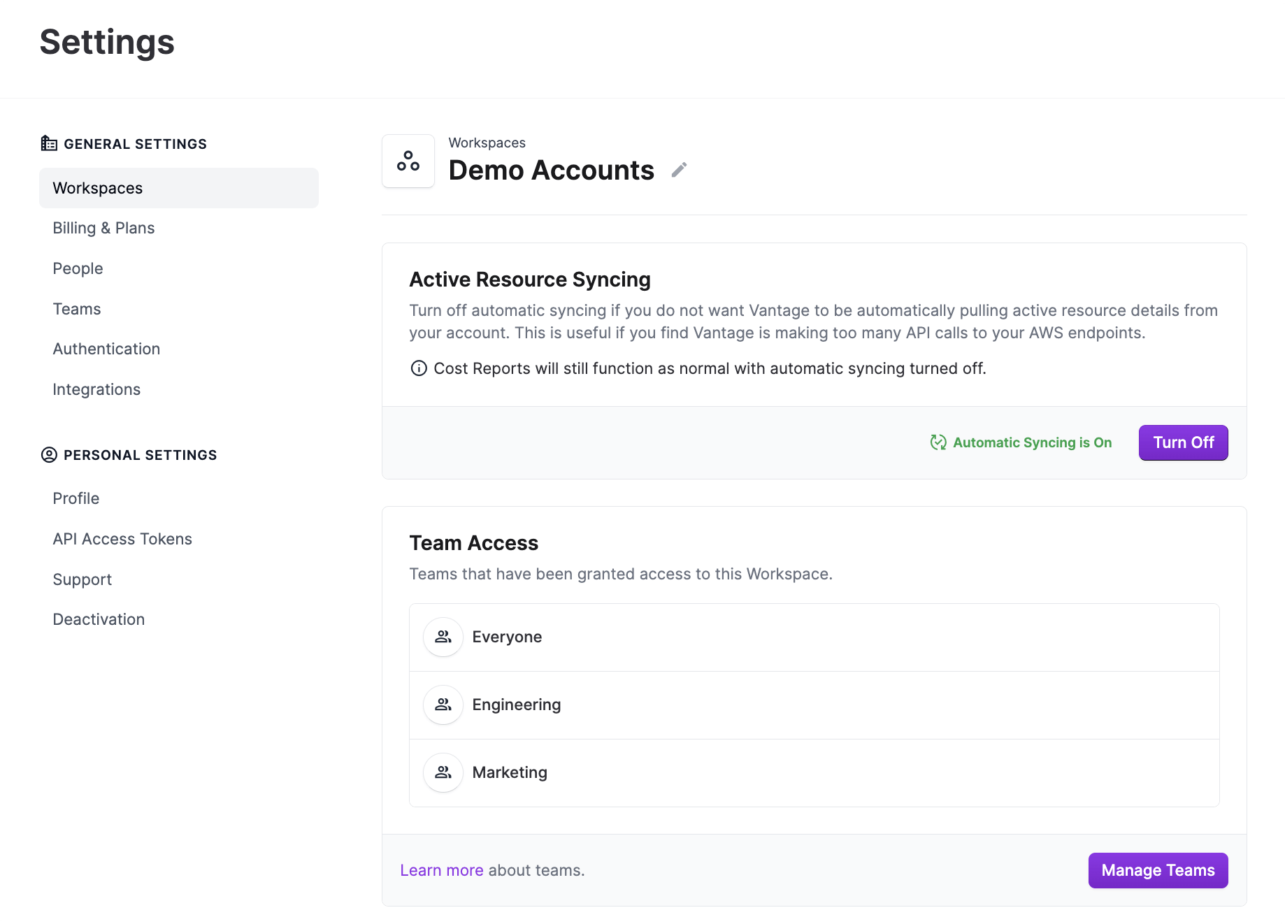 The Settings UI with a sticky sidebar in the Vantage console