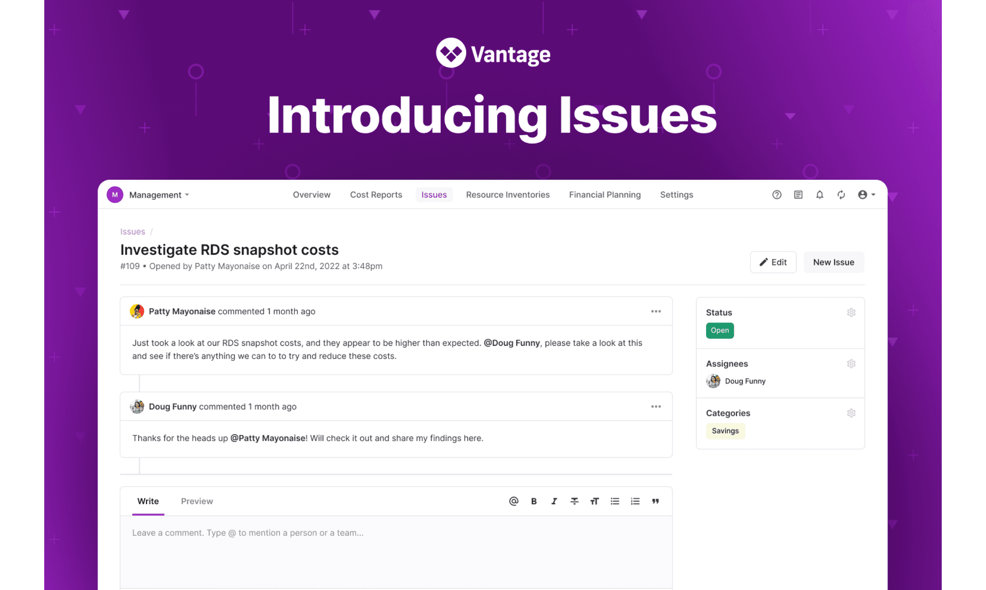 Vantage Launches Issues: Teams can Coordinate and Collaborate on Cost Issues