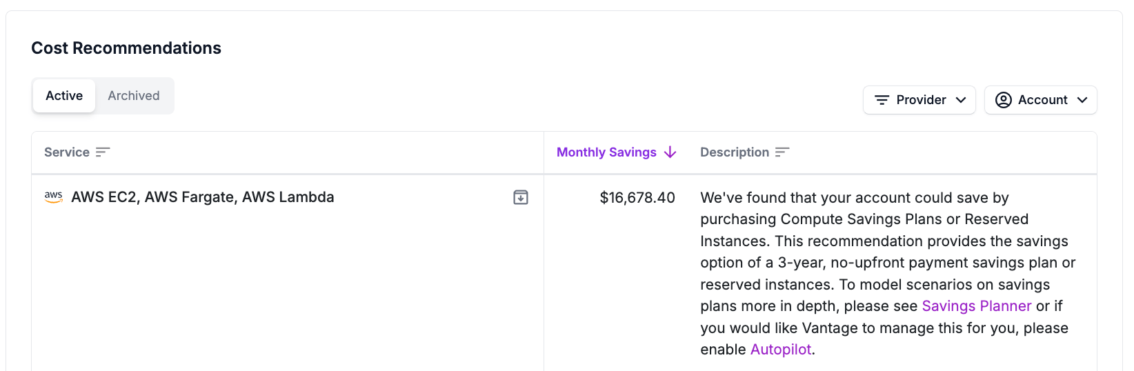 Vantage Savings Plans recommendations