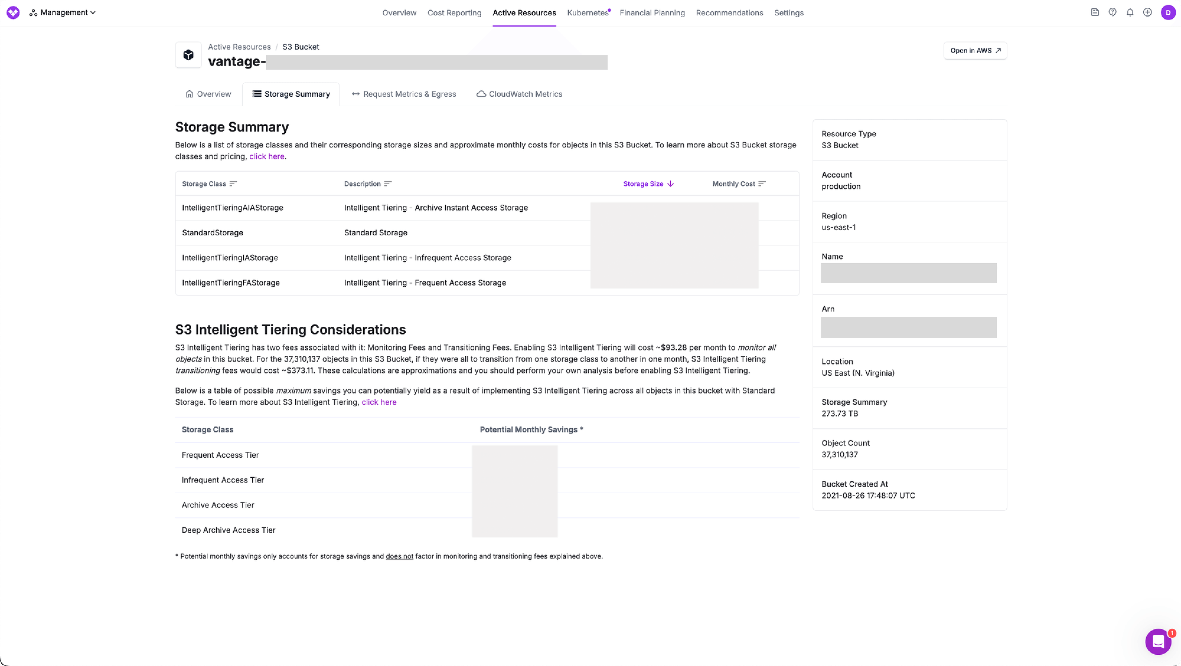 Storage summary of specific S3 costs