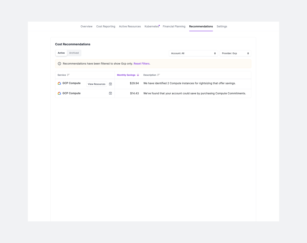 GCP Compute cost recommendations in the console